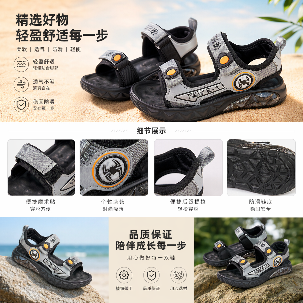 灰色运动凉鞋 透气防滑轻便男女士夏季休闲鞋详情1