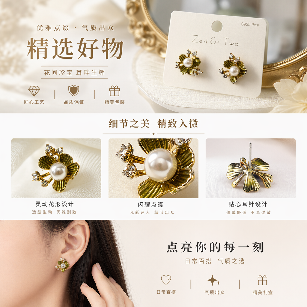 Golden flower pearl stud earrings are fashionable, light luxury and elegant earrings for women pic 1