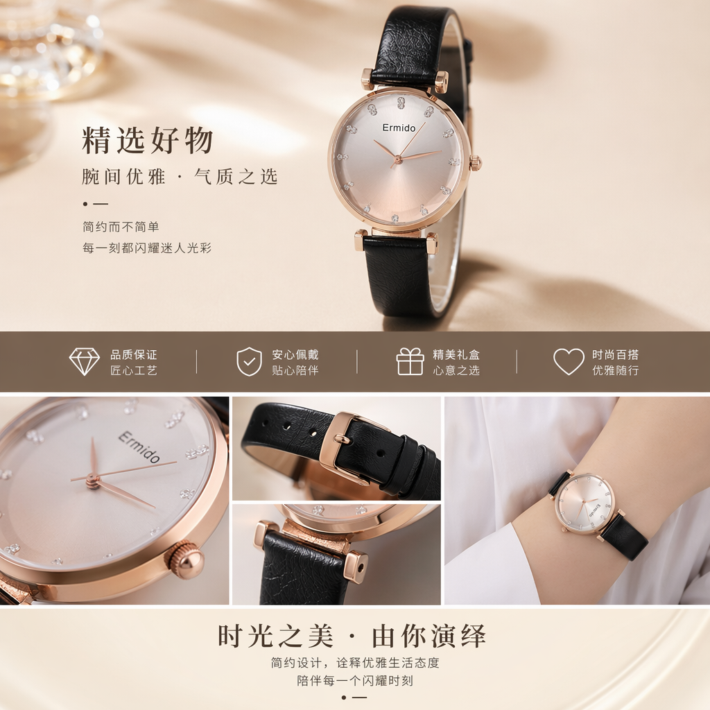 玫瑰金表壳黑色皮质表带女士手表详情1