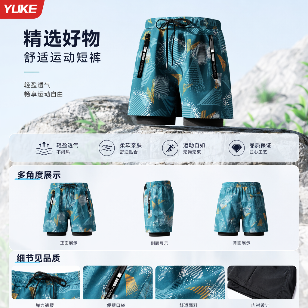 蓝绿色几何图案运动短裤 高弹力修身显瘦健身瑜伽专用详情1