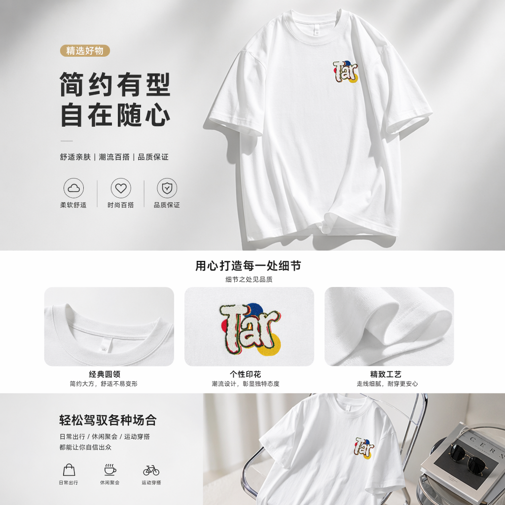 潮牌短袖男装纯棉t恤宽松潮流2026新款青少年运动半袖夏季打底衫094705279详情1