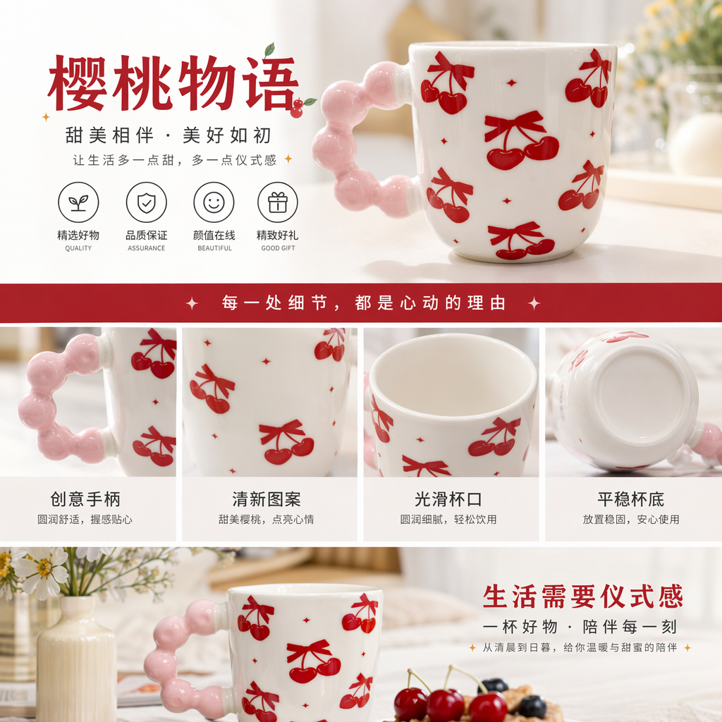 白色带红樱桃图案杯子 粉色珠串形把手 陶瓷水杯详情1