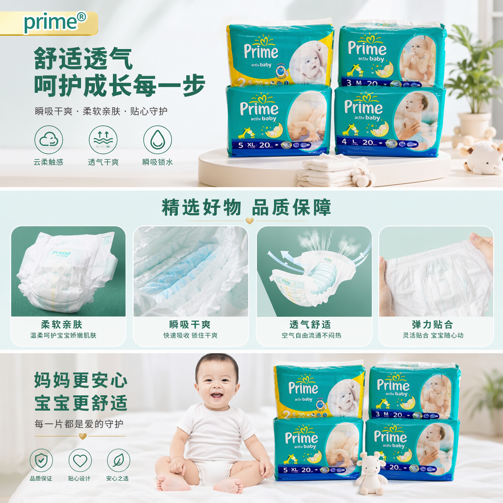 prime baby diaper 纸尿裤亲肤柔棉超薄款瞬吸干爽男女婴儿通用款S M L XL详情1