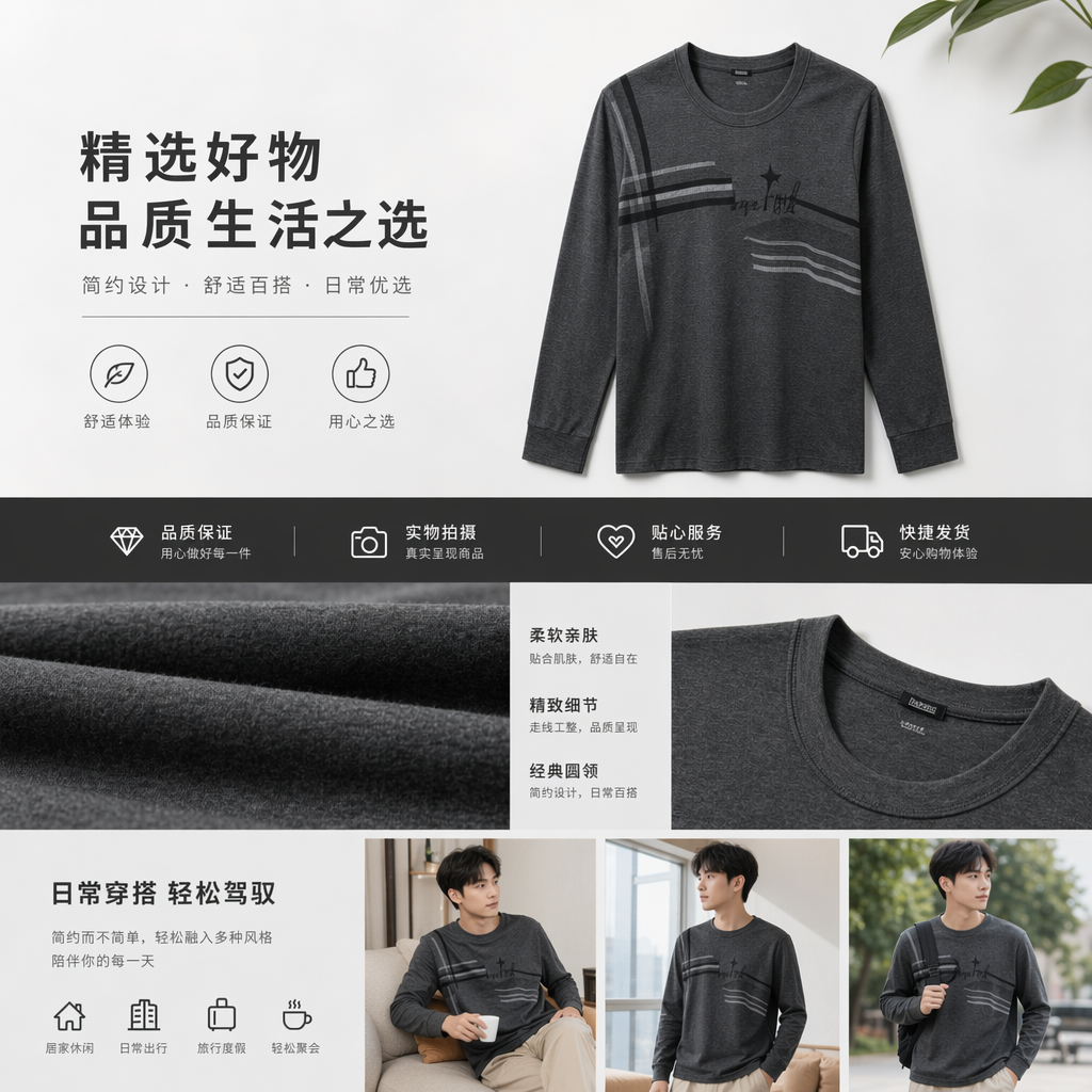 深灰色长袖抽象条纹保暖上衣详情1