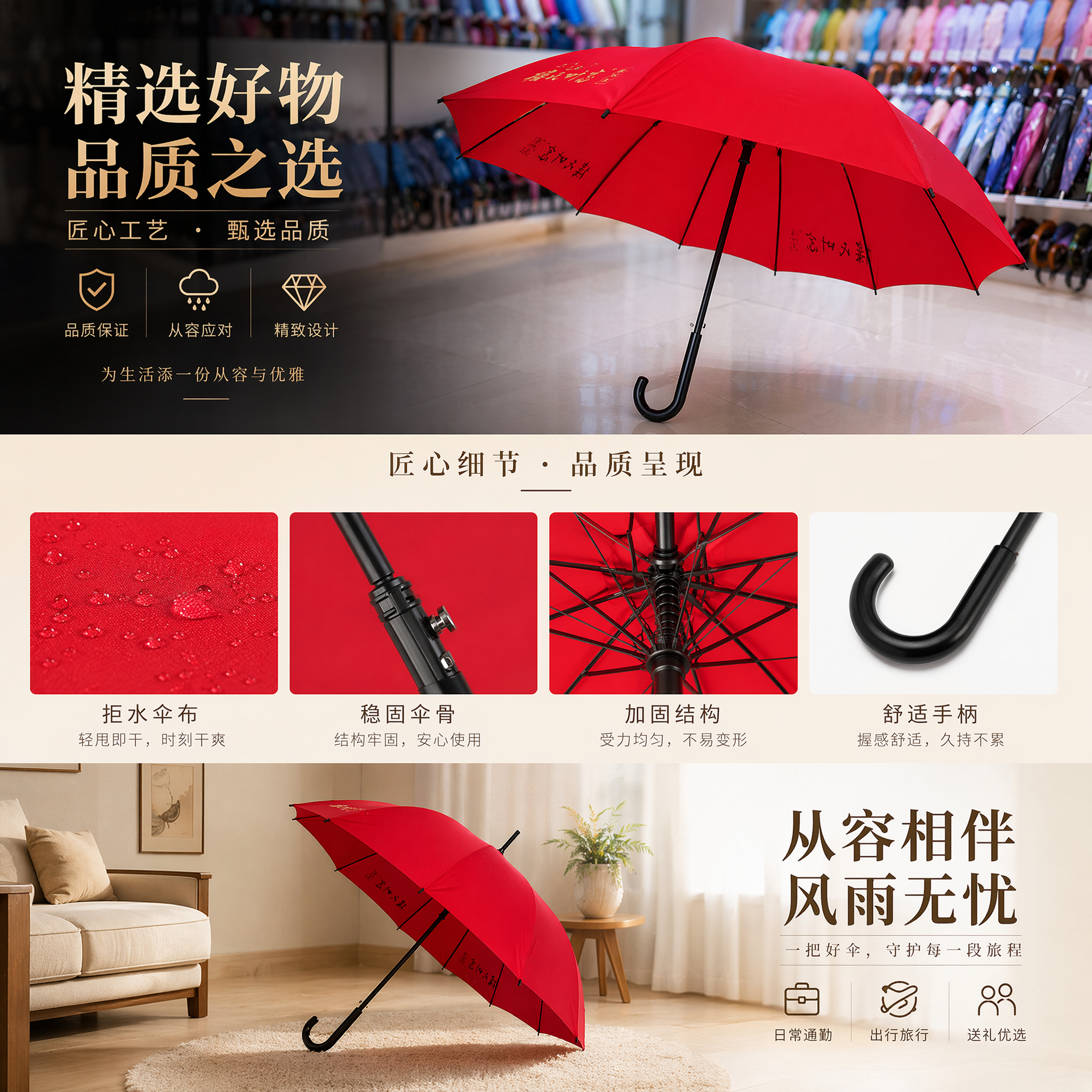 红色高密度碰击布晴雨伞 三折便携防晒防风详情1