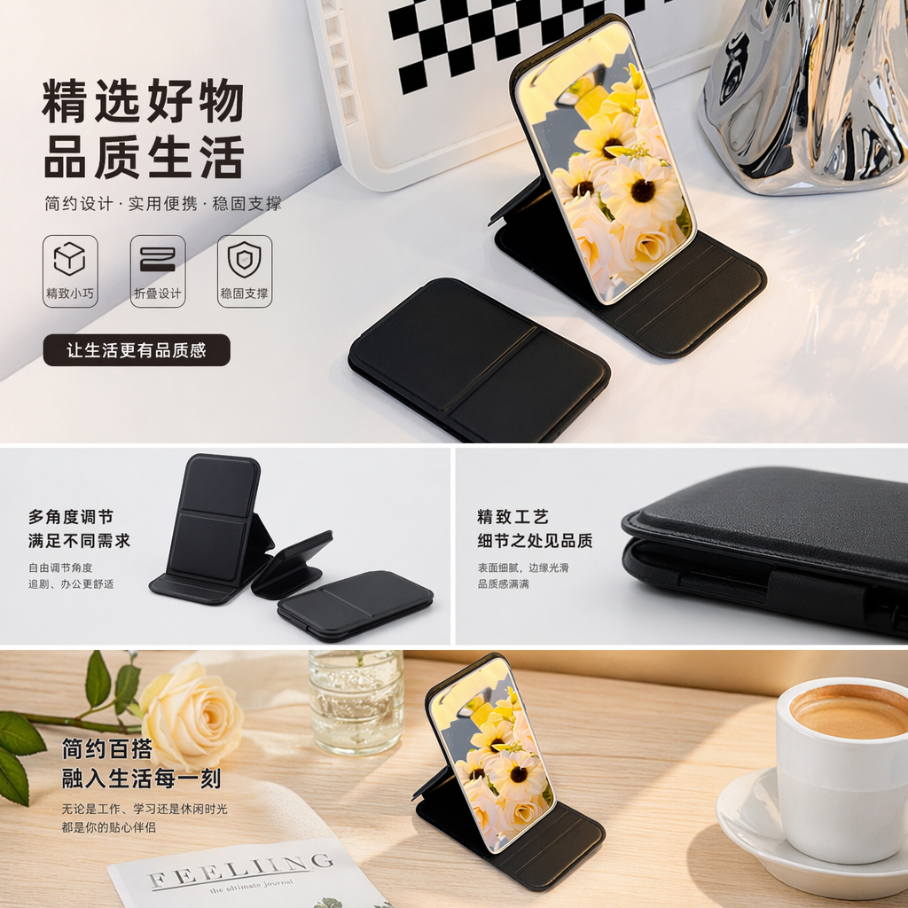 黑色加厚镜片手机支架 稳固防滑桌面车载两用详情1