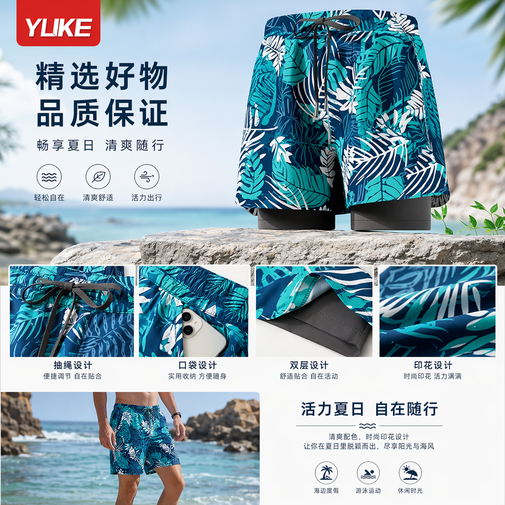 蓝绿色热带叶片印花沙滩短裤 男女同款速干休闲夏装详情1