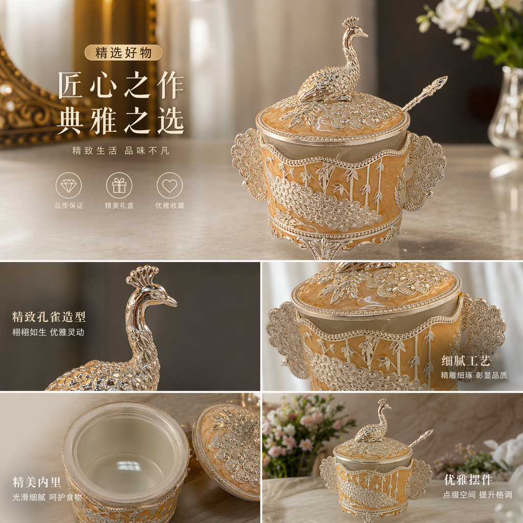 Silver peacock patterned decorative sugar jar, home decor, kitchen storage jar, seasoning jar pic 1