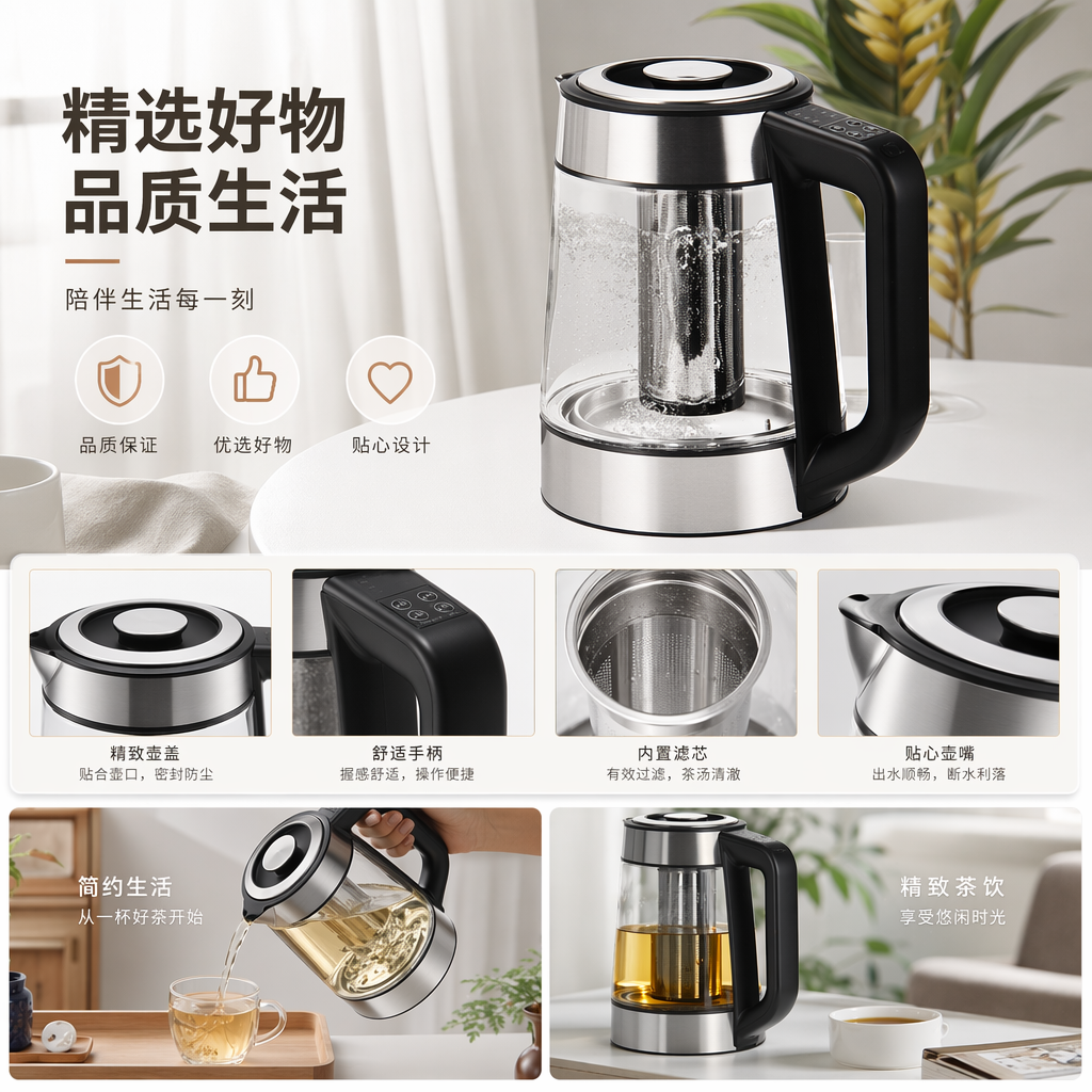 银色电热水壶家用快速烧水壶1.7L大容量智能恒温详情1