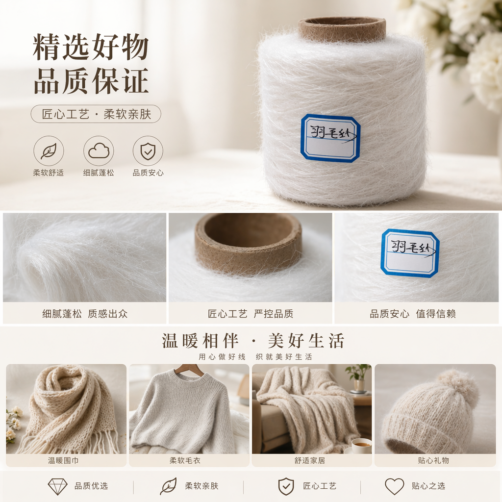 白色羽毛毛纺纱线卷 手工编织披肩专用毛线批发用详情1