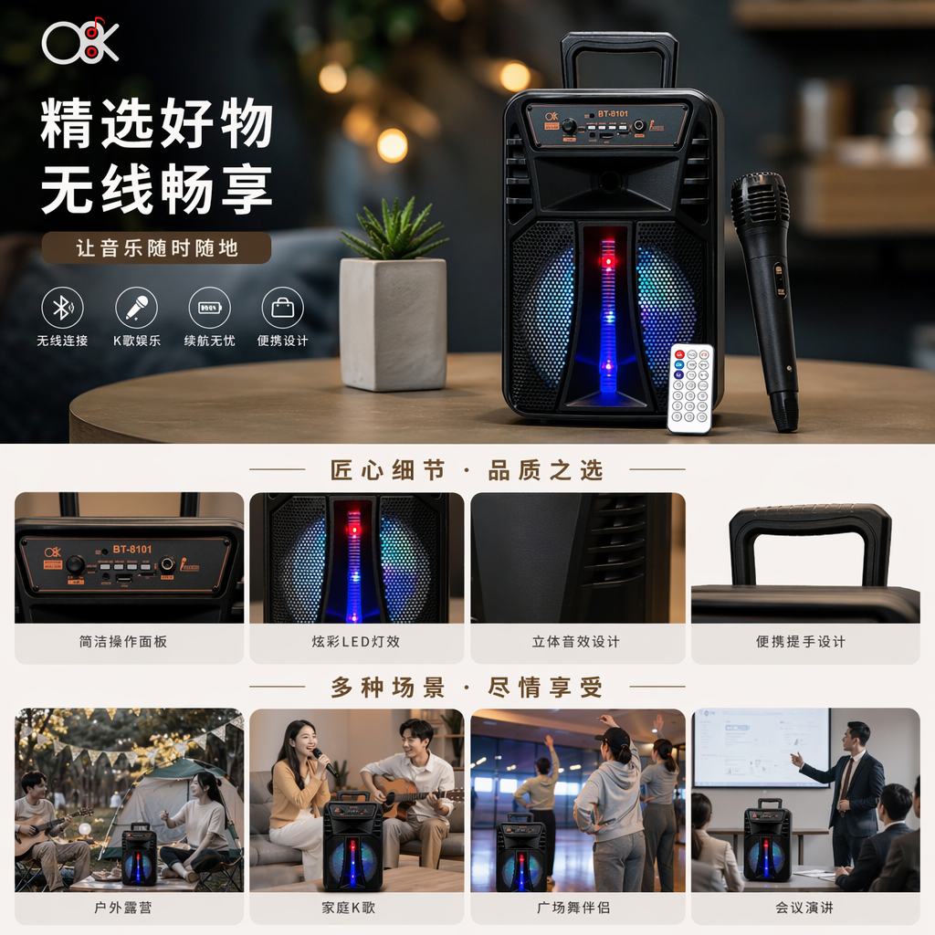 黑色便携无线音箱带LED灯效手提柄蓝牙音响详情1