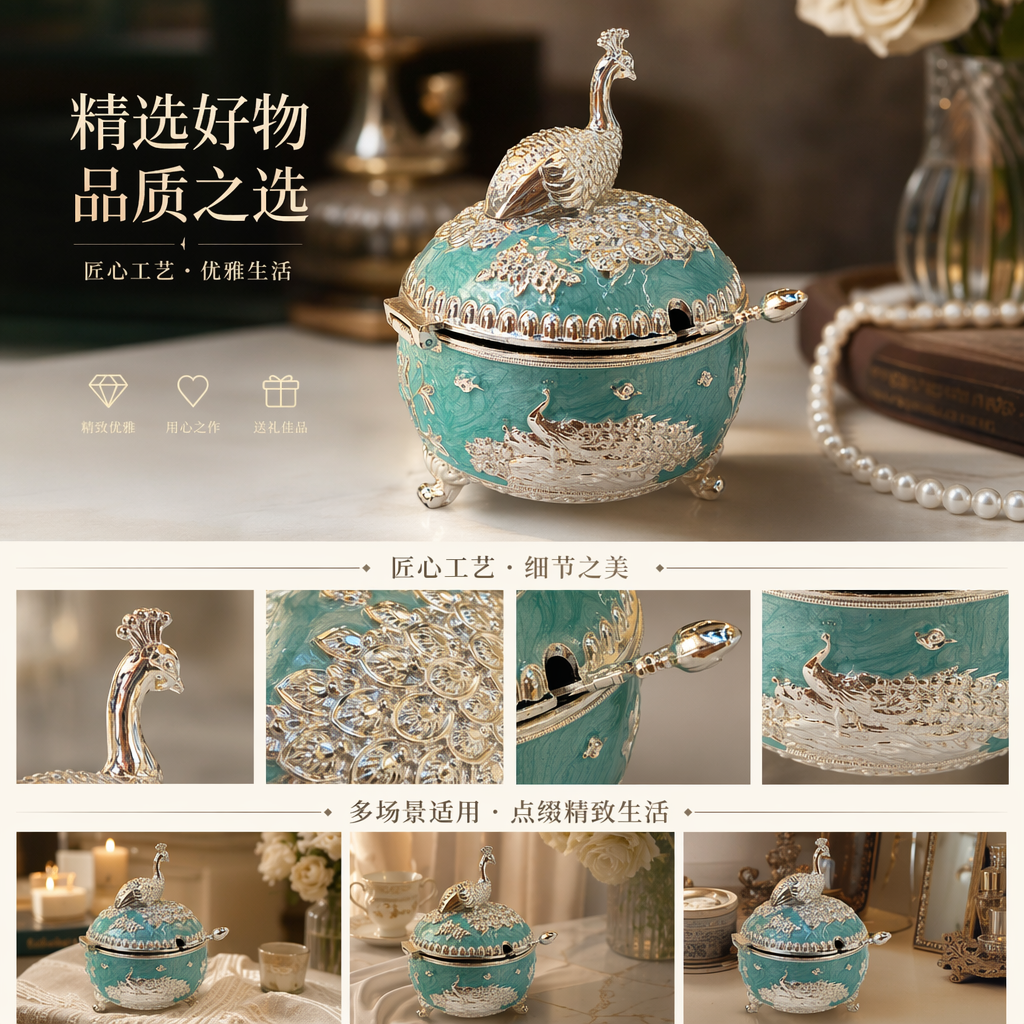 Green and blue peacock-patterned ceramic decorative sugar jar, home decoration, kitchen storage container, kitchen seasoning storage jar, seasoning jar pic 1