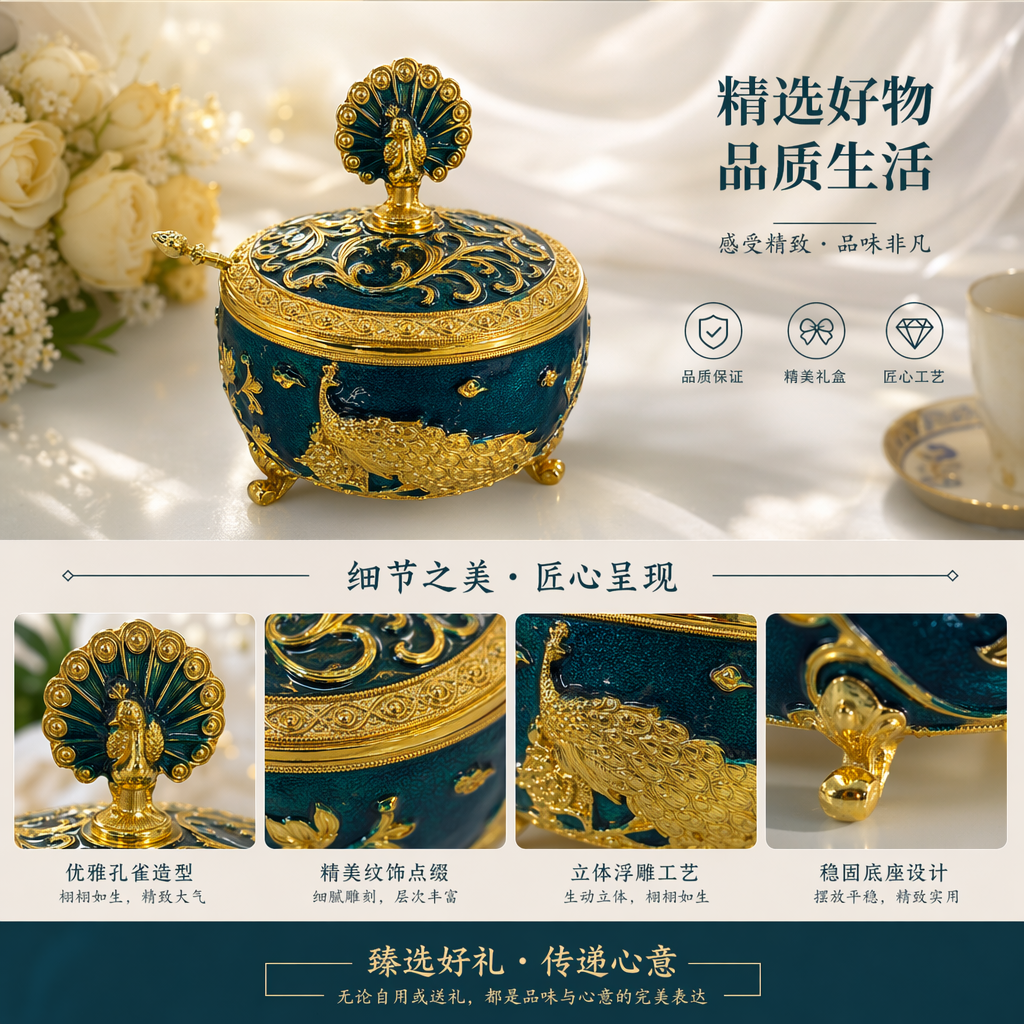 Blue and gold peacock patterned covered small ceramic sealed storage jar, home storage jar, kitchen condiment storage jar, seasoning jar pic 1