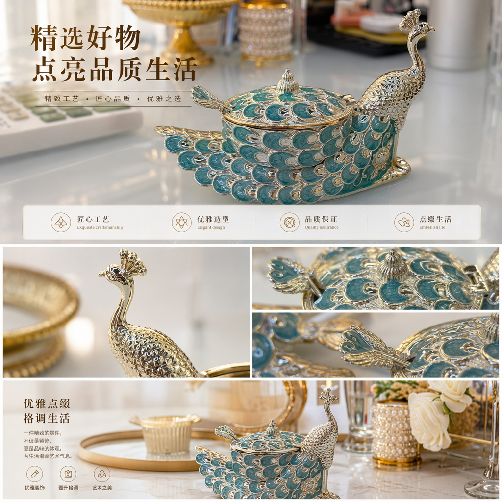 Silver peacock-shaped blue-green enamel storage box, seasoning jar and storage jar pic 1