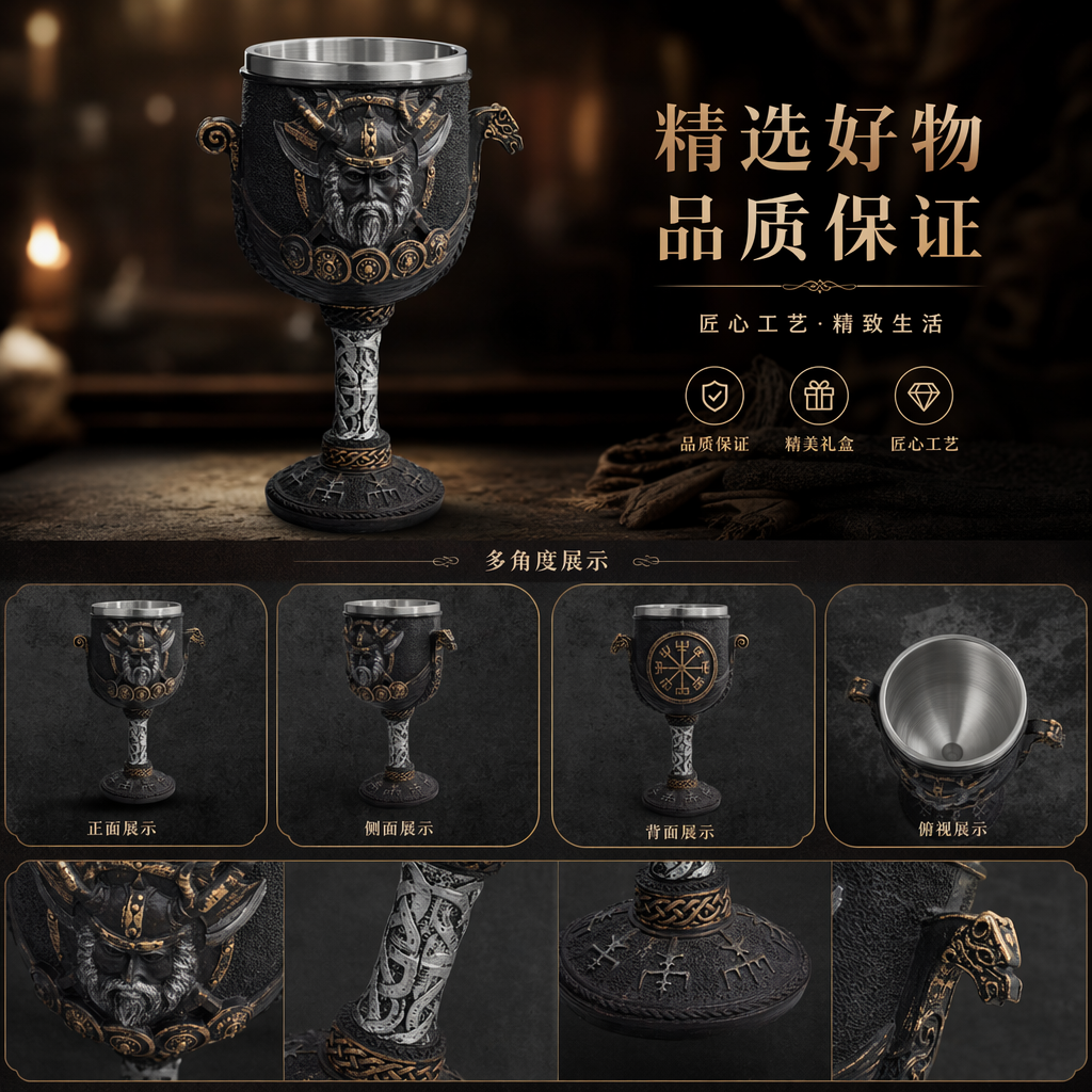 黑色维京风格高脚杯 龙首把手金色装饰 银色杯盖凯尔特纹样符文详情1