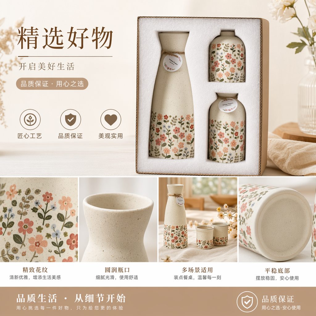 花卉图案陶瓷花瓶套装 客厅装饰摆件北欧风家居插花器详情1