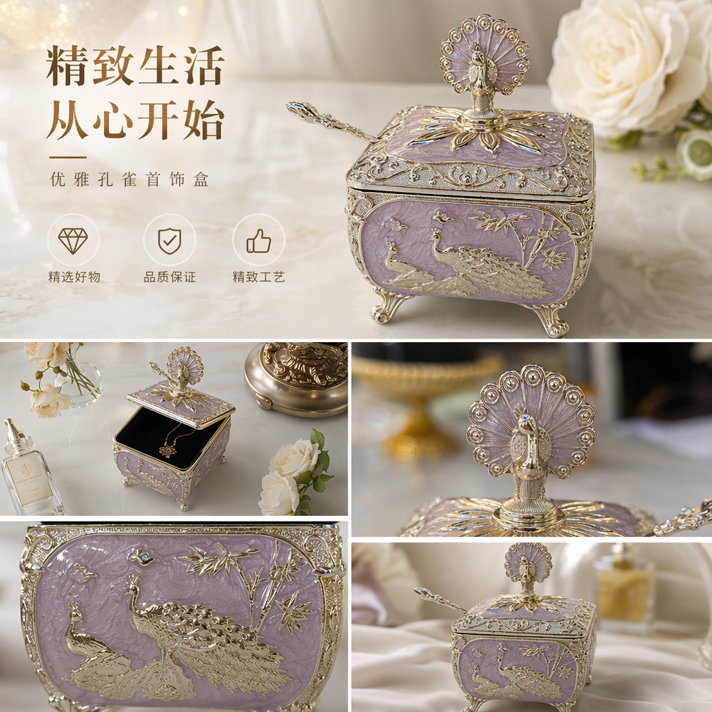 Silver peacock pattern decorative box, metallic texture home decoration item, gift storage box, seasoning jar pic 1