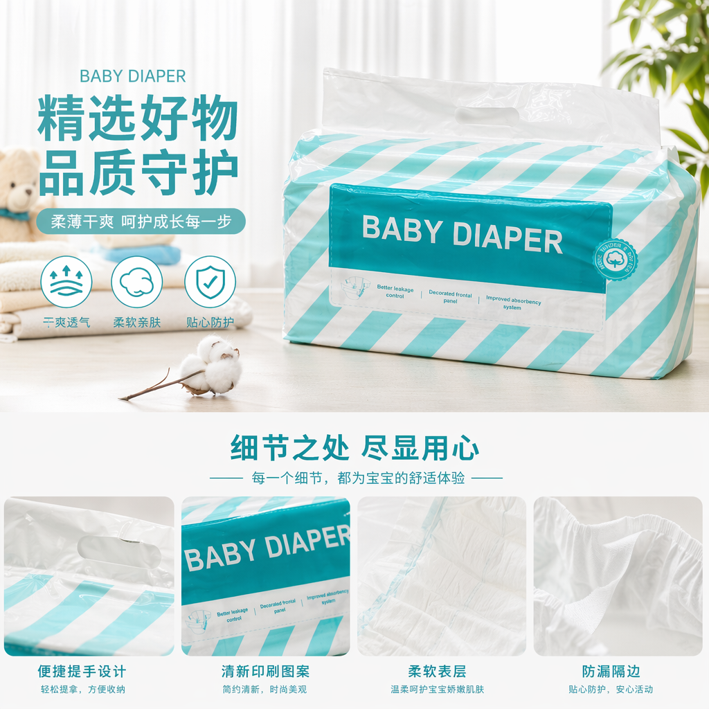蓝白条纹包装婴儿纸尿裤 柔软透气 新生儿适用详情1
