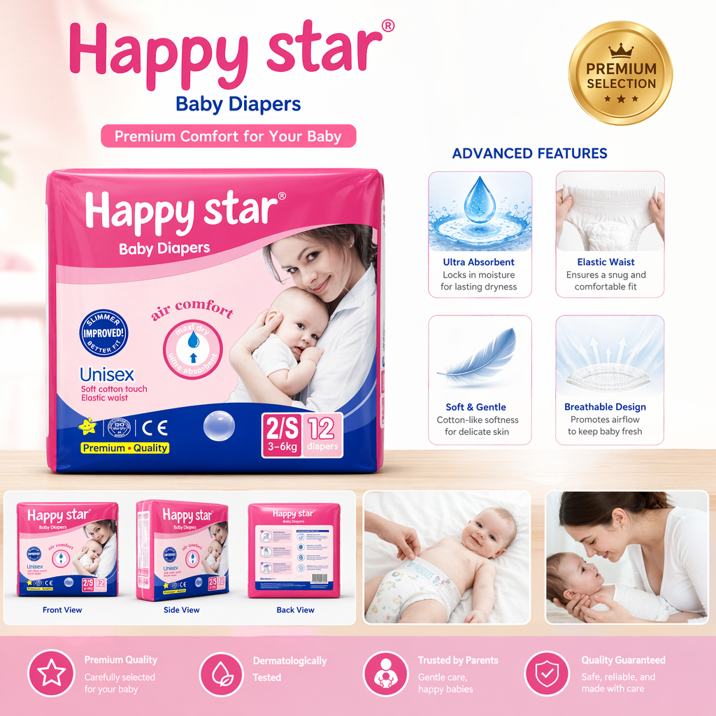Happy star婴儿尿布粉色包装粉蓝配色母亲抱婴图案Unisex air comfort详情1