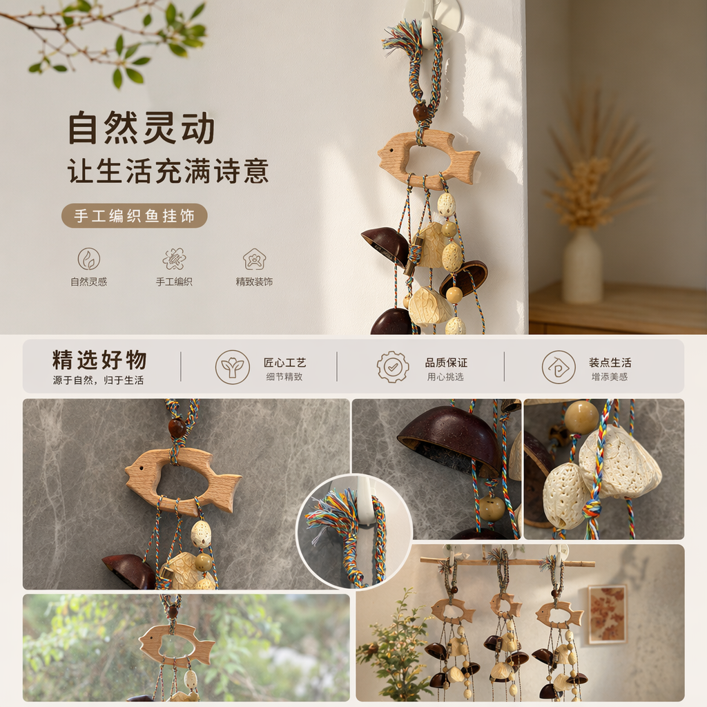 彩色绳编鱼形挂饰 木质鱼环配贝壳木珠深色木片 白色挂钩悬挂详情1