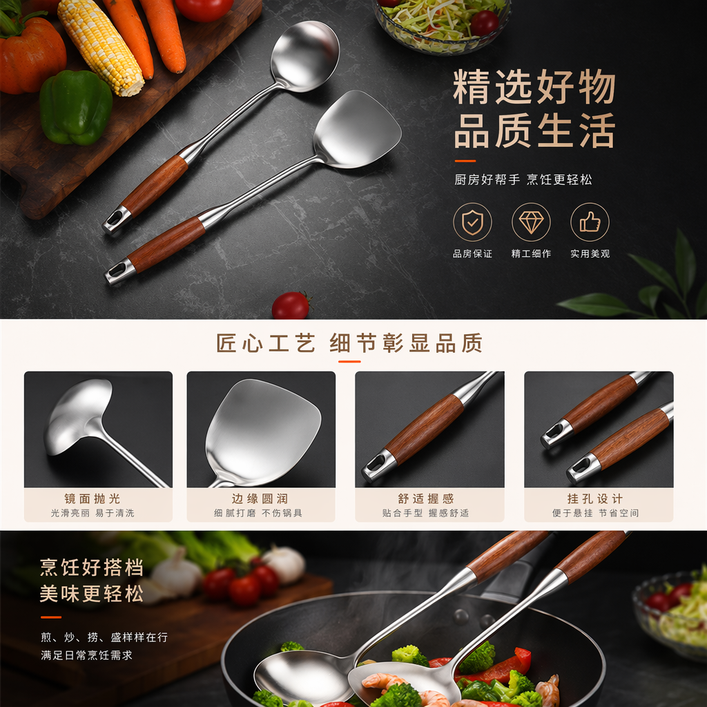 银色汤勺和锅铲套装 厨房不锈钢长柄防烫烹饪用具详情1