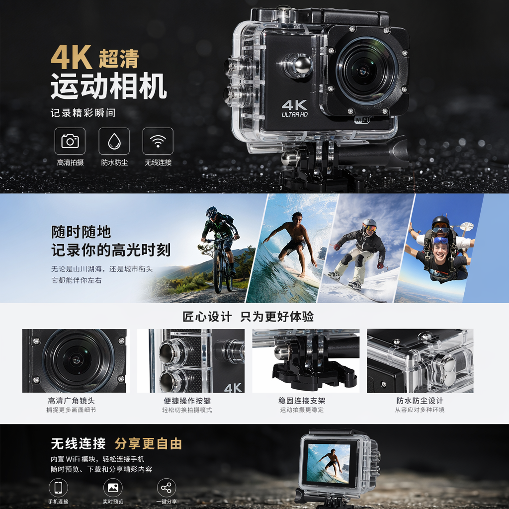 黑色运动相机 透明防水壳 防水防抖高清录像户外拍摄详情1