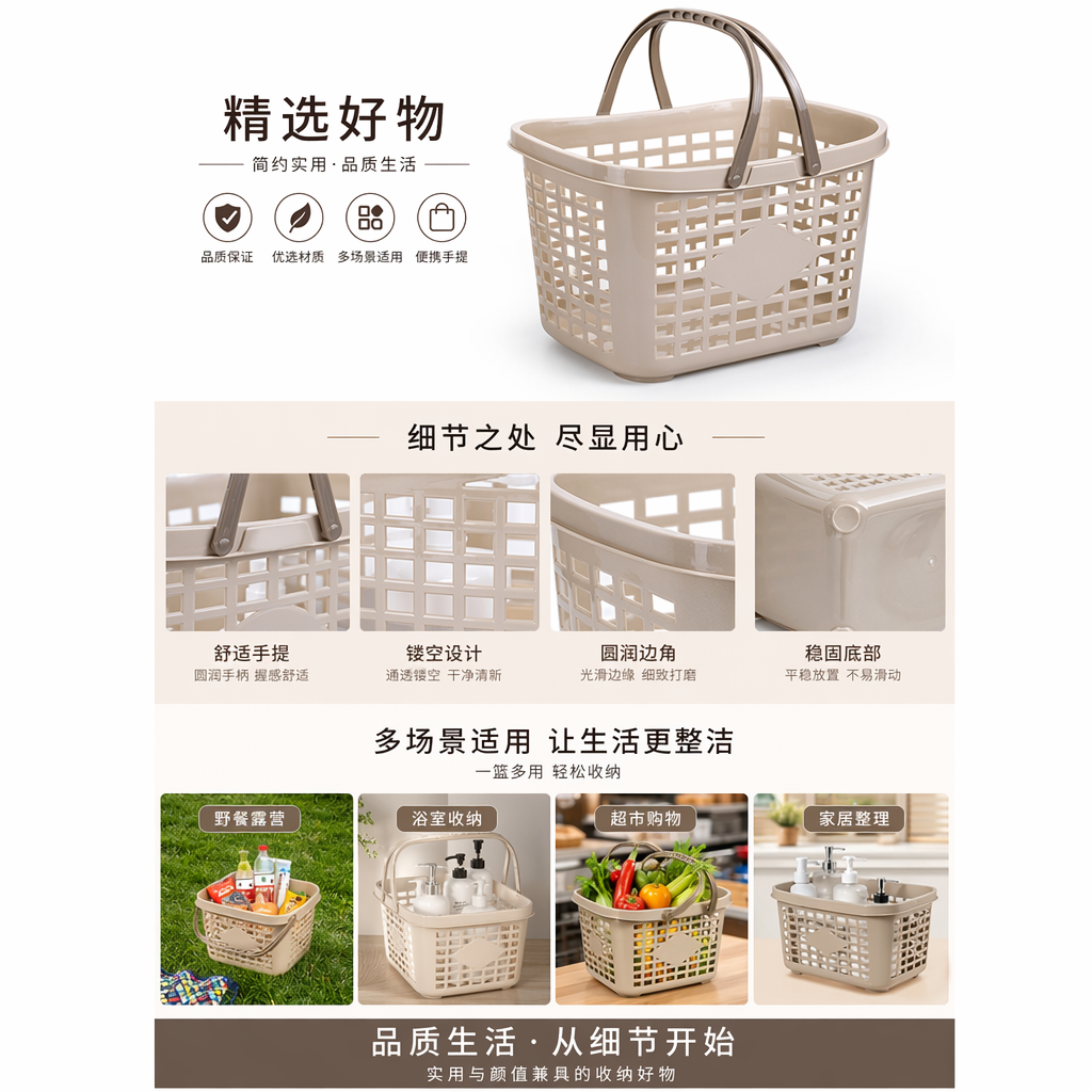 杏色加厚款塑料篮子家用收纳篮大容量防滑耐用详情1