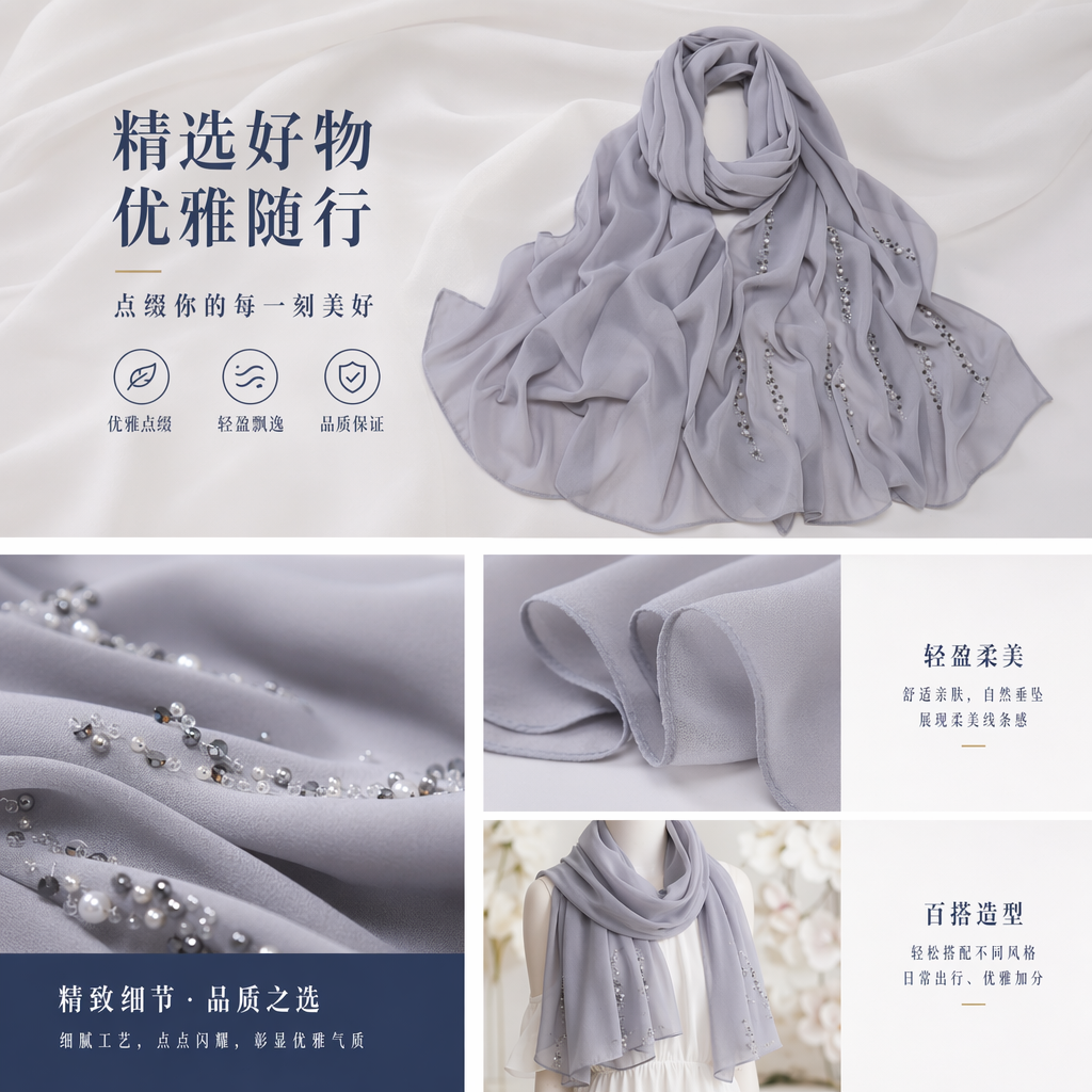 灰色珠饰围巾女士秋冬保暖针织长款百搭时尚详情1