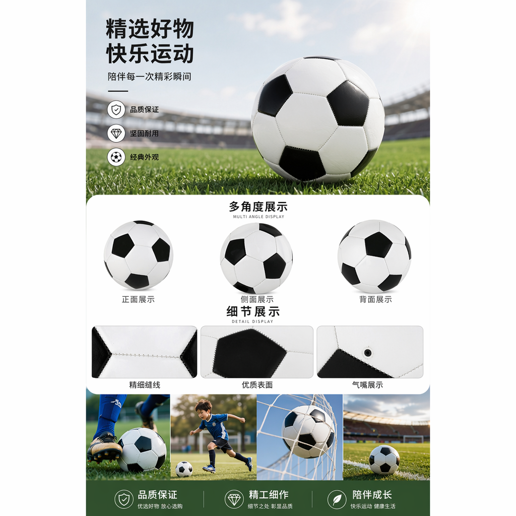 黑白经典足球训练比赛用球 皮质耐磨防滑标准尺寸详情1