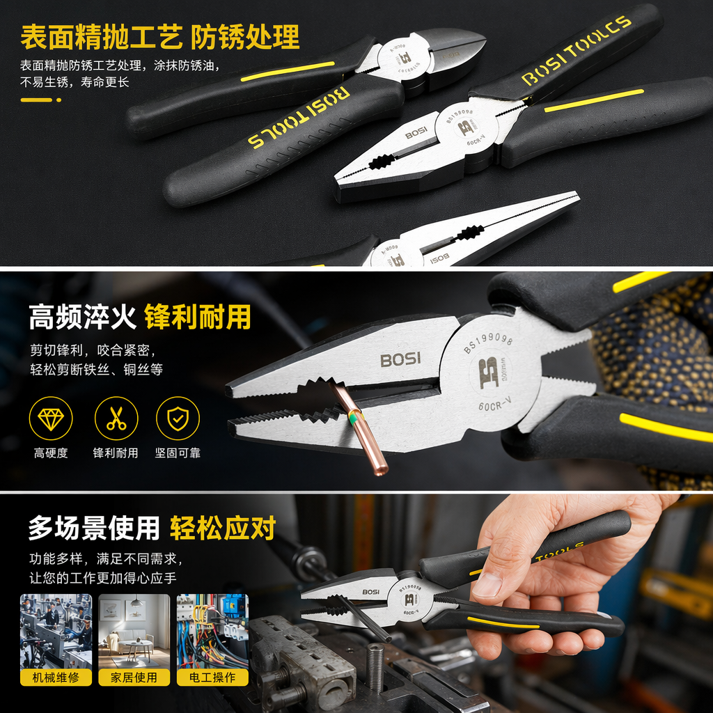 博世BOSI黑色手柄黄色条纹钳子工具套装详情1