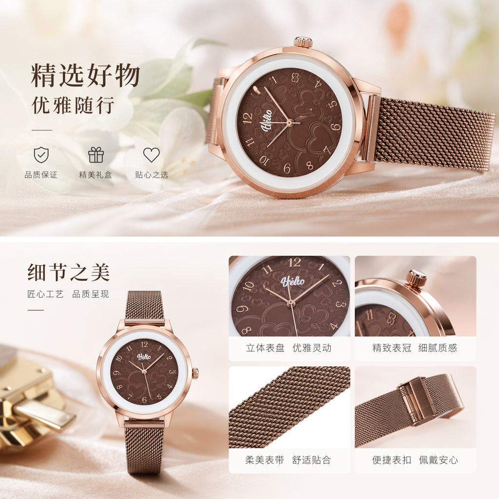 玫瑰金表壳金属网带手表详情1