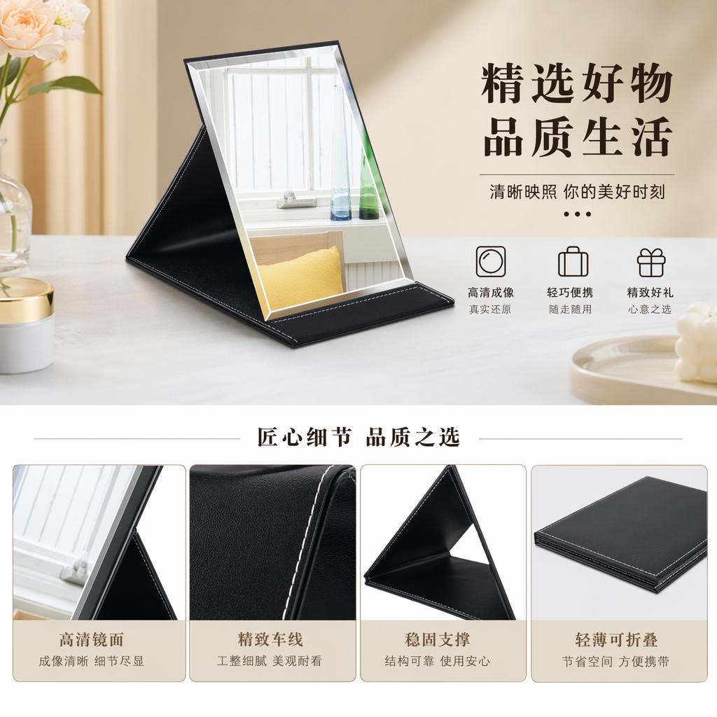 黑色皮质手机支架带镜面设计可调节角度便携桌面用详情1