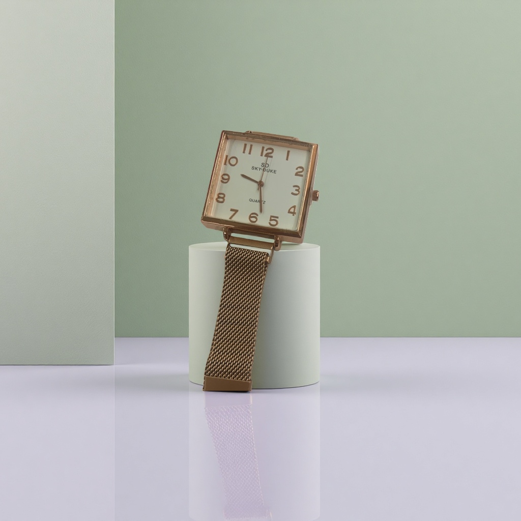 A golden square quartz watch for women, simple and fashionable, with a 32mm stainless steel strap