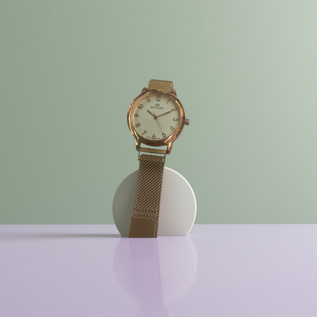 A fashionable and simple ladies' wristwatch with a golden case, white dial and metal mesh strap Application Scenario