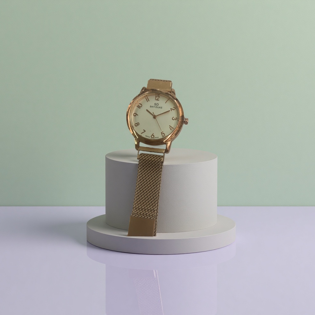 A fashionable and simple ladies' wristwatch with a golden case, white dial and metal mesh strap Specification image