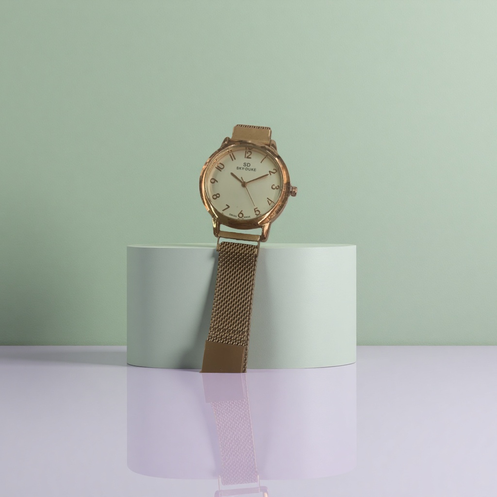 A fashionable and simple ladies' wristwatch with a golden case, white dial and metal mesh strap details Picture