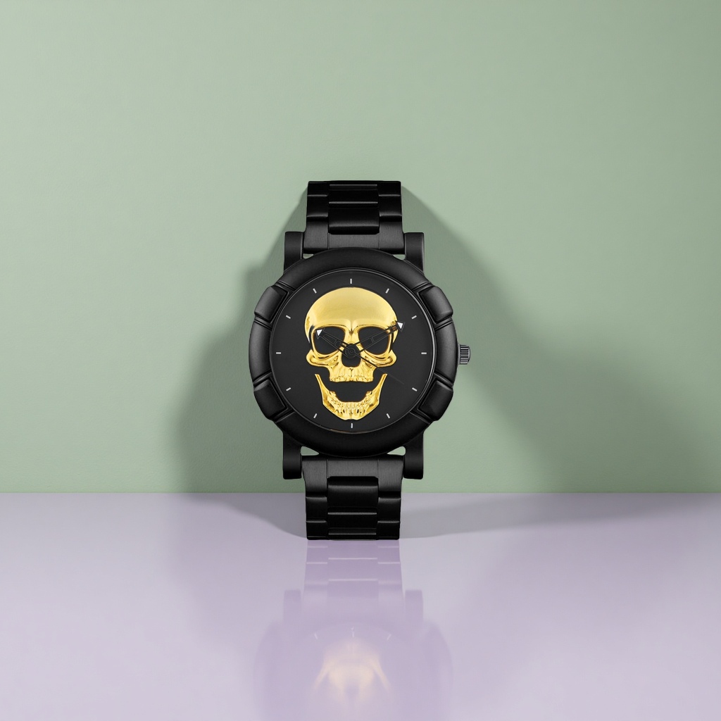 Black case and golden skull watch, a trendy mechanical wristwatch for men details Picture