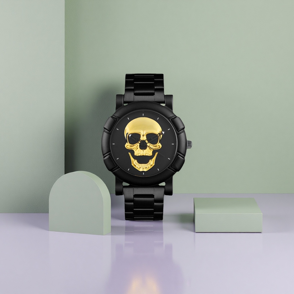 Black case and golden skull watch, a trendy mechanical wristwatch for men