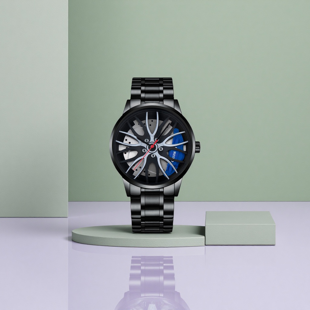 A men's watch with a black strap, dial, wheel hub and blue caliper pattern