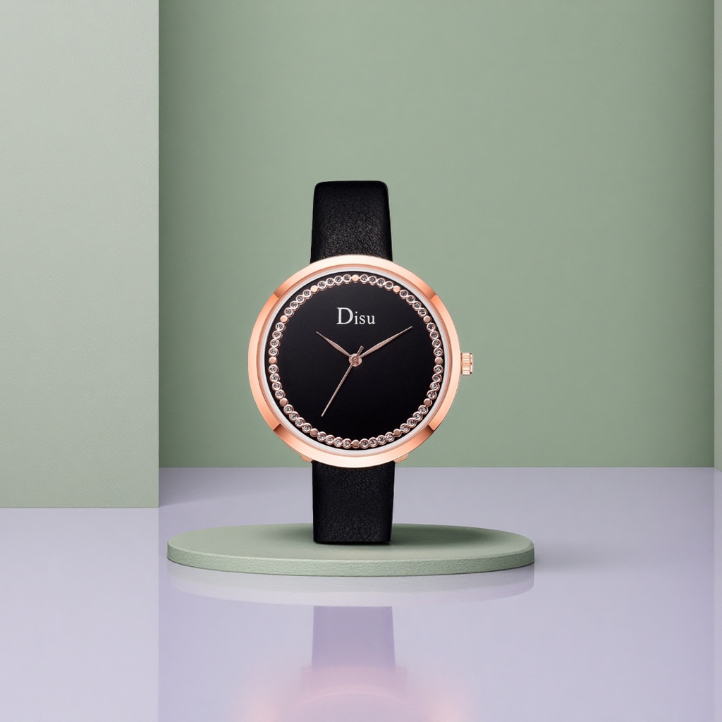 Ladies' watch with rose gold frame, black dial and diamond setting