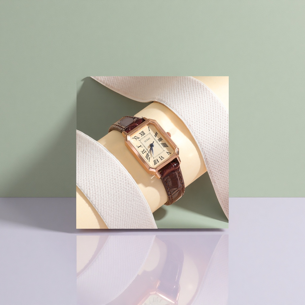 Rose gold case, brown leather strap, Roman numeral ladies' watch