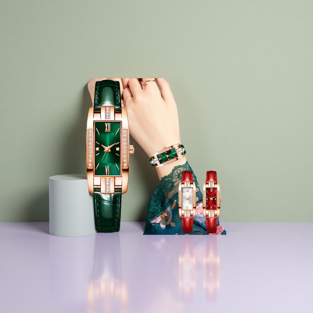 Green dial rose gold diamond-encrusted ladies' watch, waterproof and luminous, fashionable and light luxury