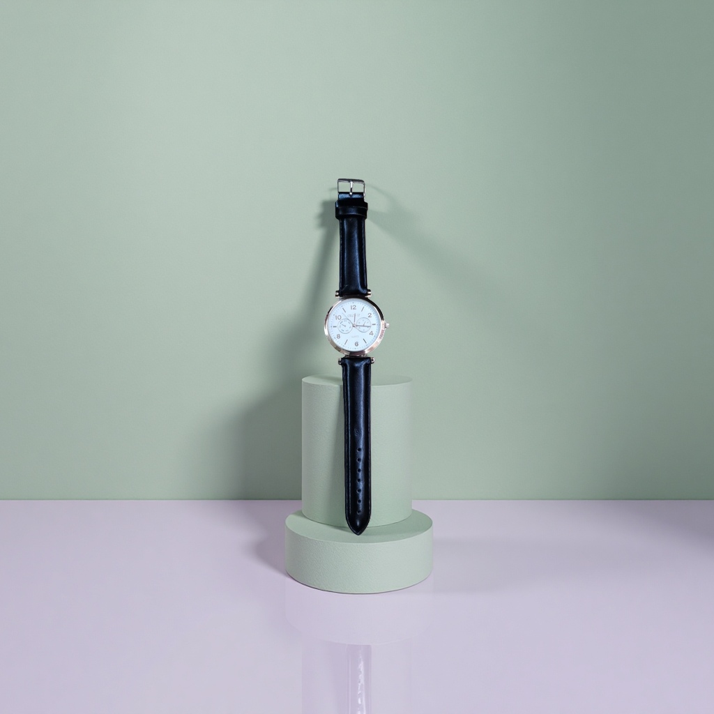 The OROVIP rose gold border white dial black leather strap watch with a wooden base is on display details Picture