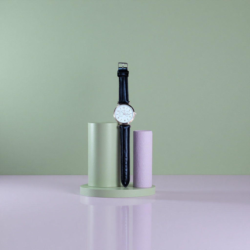 The OROVIP rose gold border white dial black leather strap watch with a wooden base is on display Specification image
