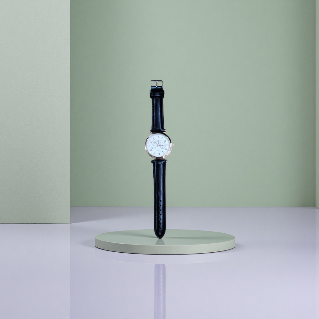 The OROVIP rose gold border white dial black leather strap watch with a wooden base is on display