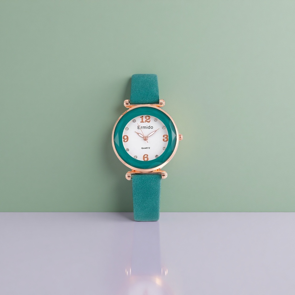 The men's quartz watch with a light green strap is simple, fashionable, business and casual details Picture