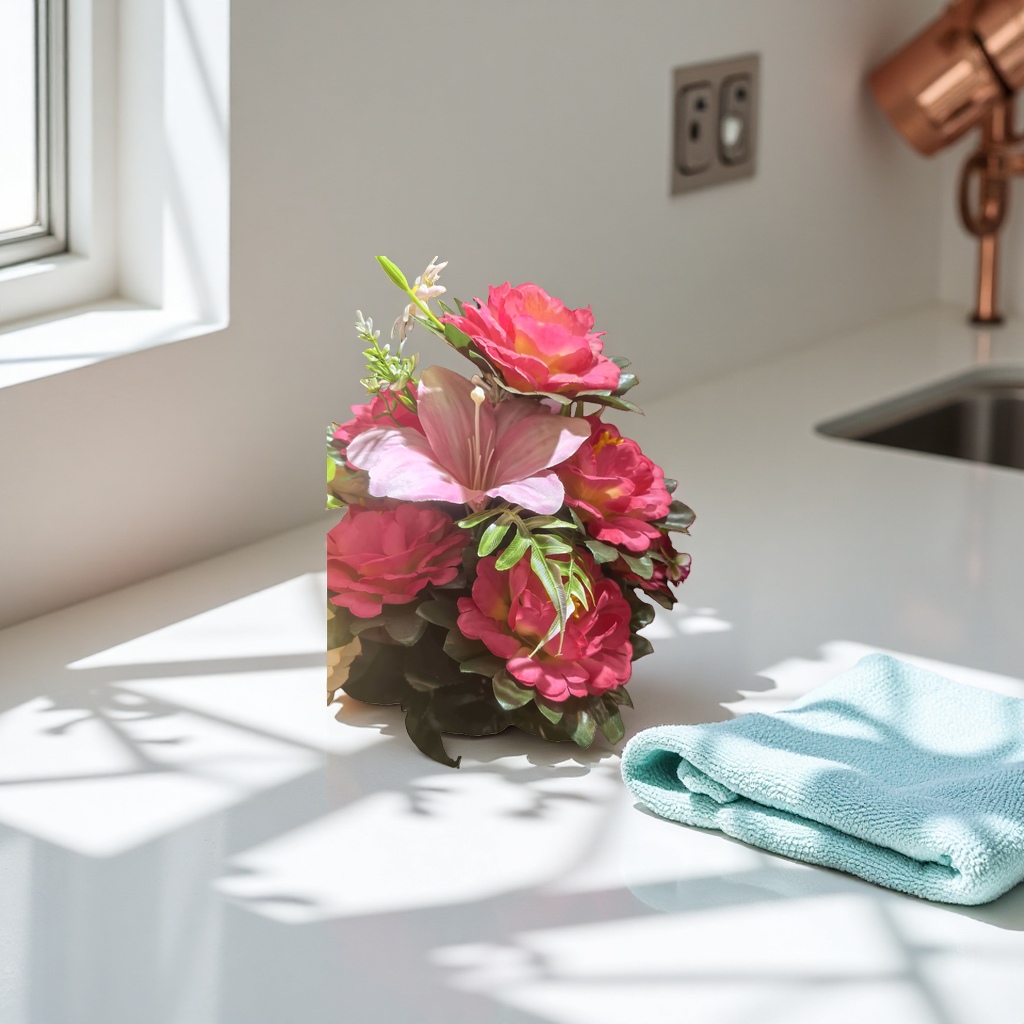Pink and red artificial flower bouquets with simulated fresh flowers are decorative items for the living room and bedroom