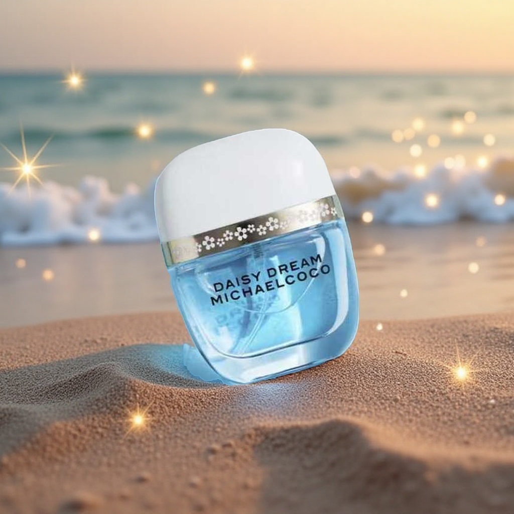 Blue perfume bottle, transparent bottle body, light blue perfume details Picture