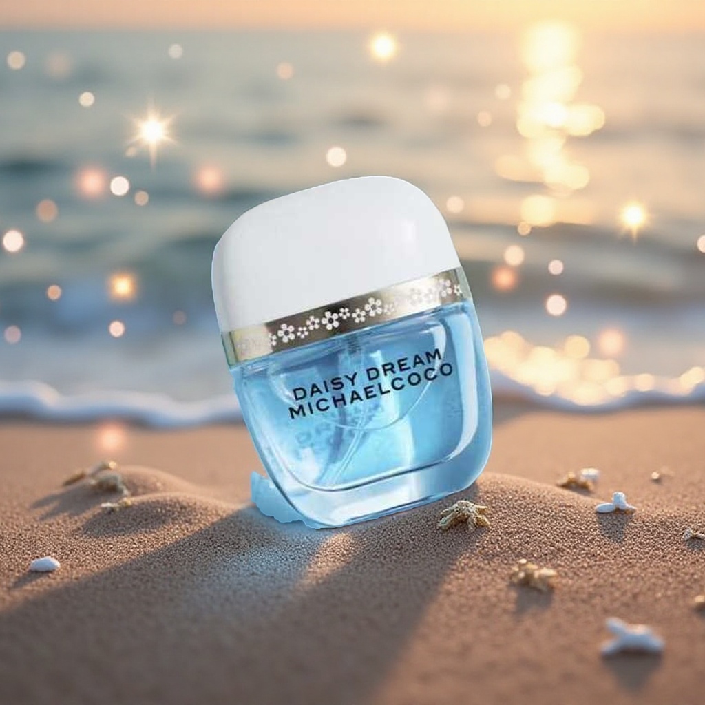 Blue perfume bottle, transparent bottle body, light blue perfume