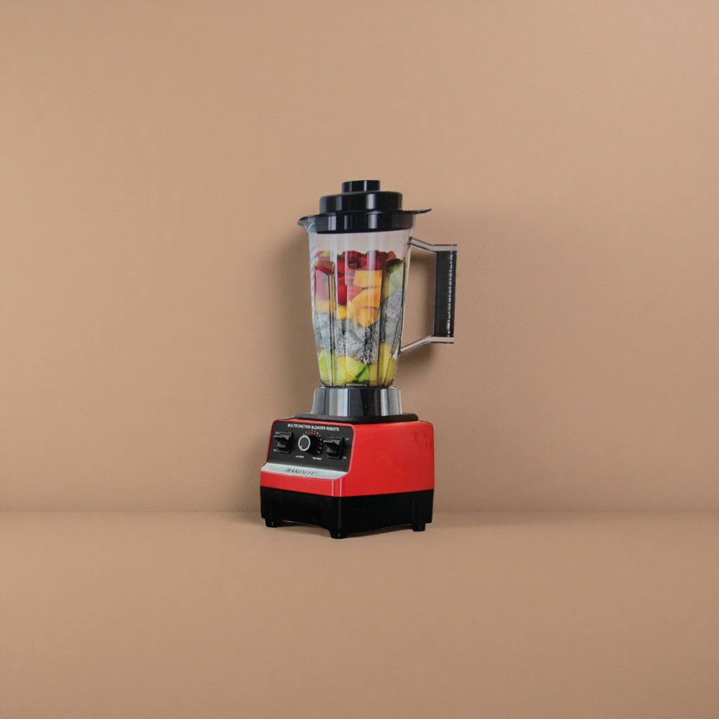 خلاط اسود ذو قاعدة حمراء مع كؤوس فاتحة ملئة بالفاكهة Specification image